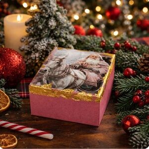 Hand crafted Santa Claus pink wooden trinket box